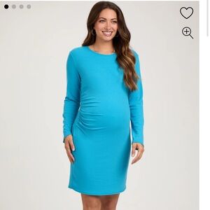 Aqua Blue Ribbed Side Ruched Maternity Fitted Dress